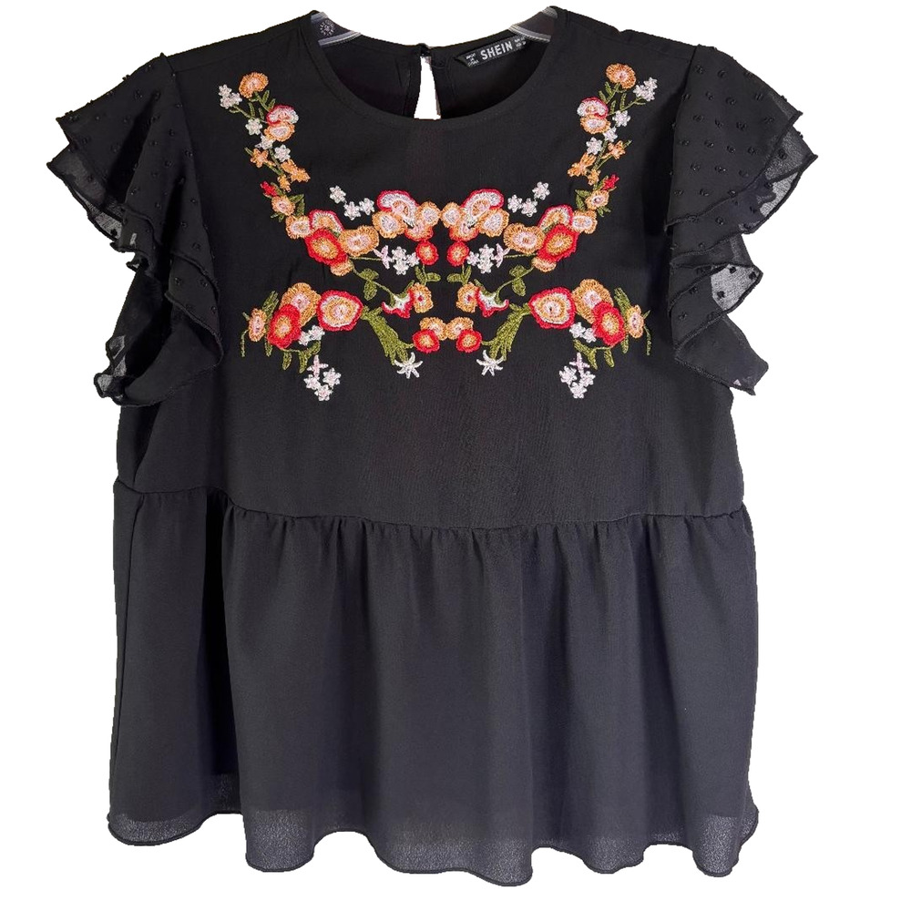 Shein Women's Blouse Size‎ M Black Ruffled with Floral Embroidery Boho, Peasant